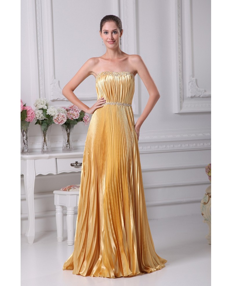 Gorgeous Strapless Pleated Long Gold Dress with Beading - Click Image to Close