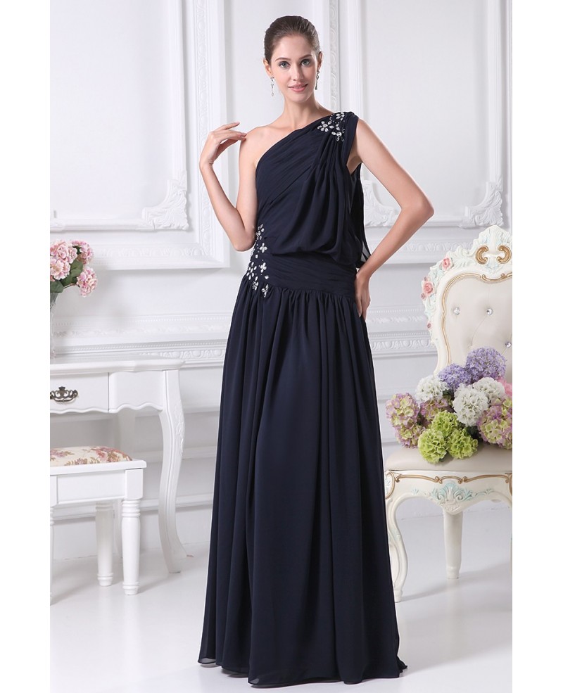 One Shoulder Navy Blue Chiffon Long Beaded Party Dress with Corset Back - Click Image to Close