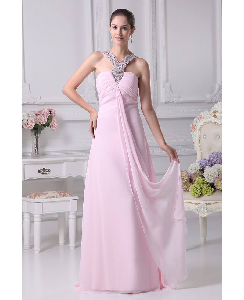 Simple Chiffon Floor Length Pink Prom Dress with Beading Halter Neck