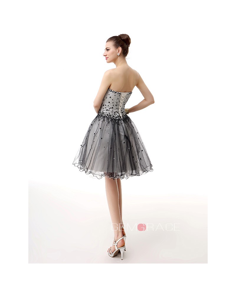 Sweetheart Short Beaded Sequined Puffy Tulle Prom Dress