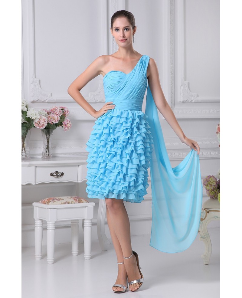 Layered Blue Knee Length Folded Party Dress in One Shoulder