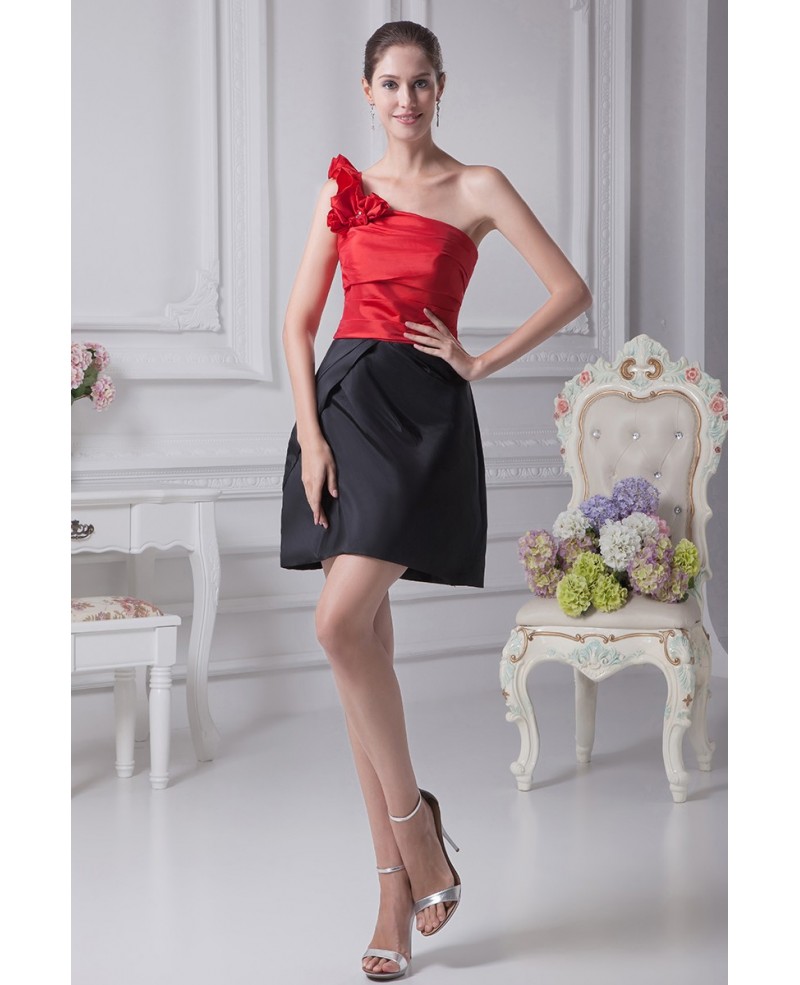 Simple Black and Red One Shoulder Taffeta Dress in Cocktail Length