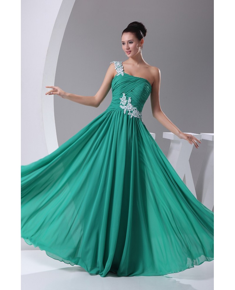 Green with White Lace One Shoulder Pleated Party Dress in Chiffon