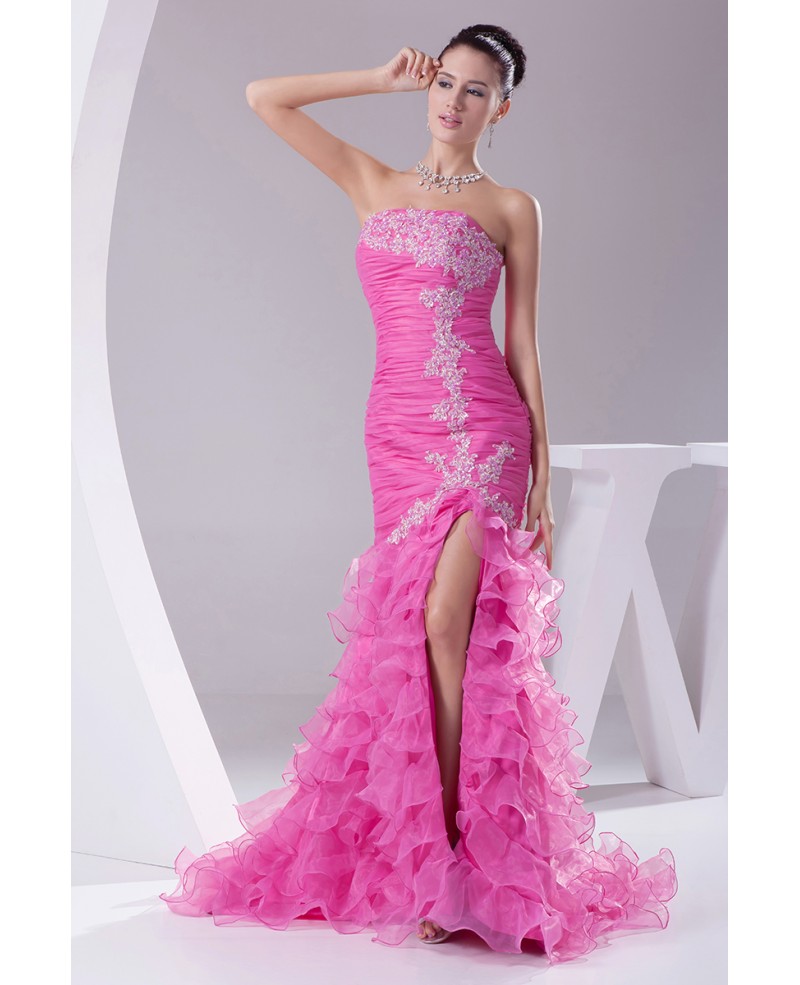 Strapless Lace Fuchsia Organza Cascading Prom Dress with Split Front