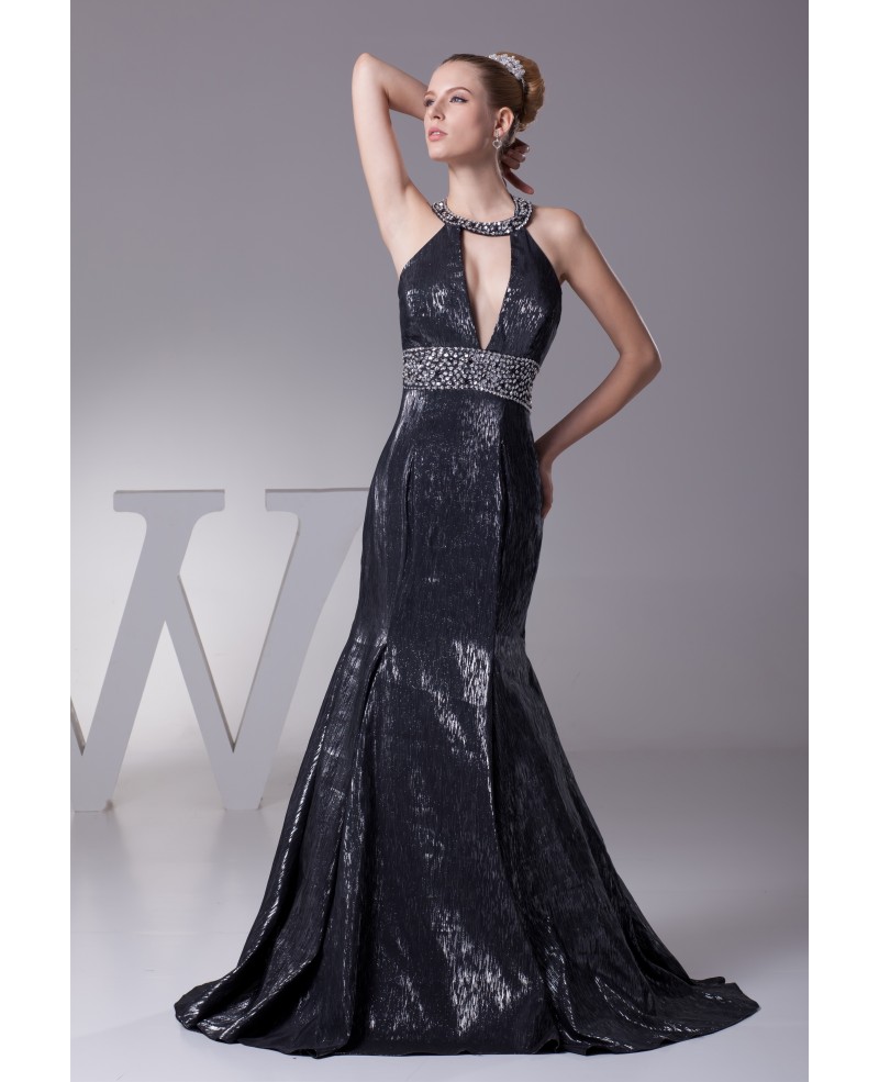 Unique Deep V Beading Black Trumpet Prom Dress