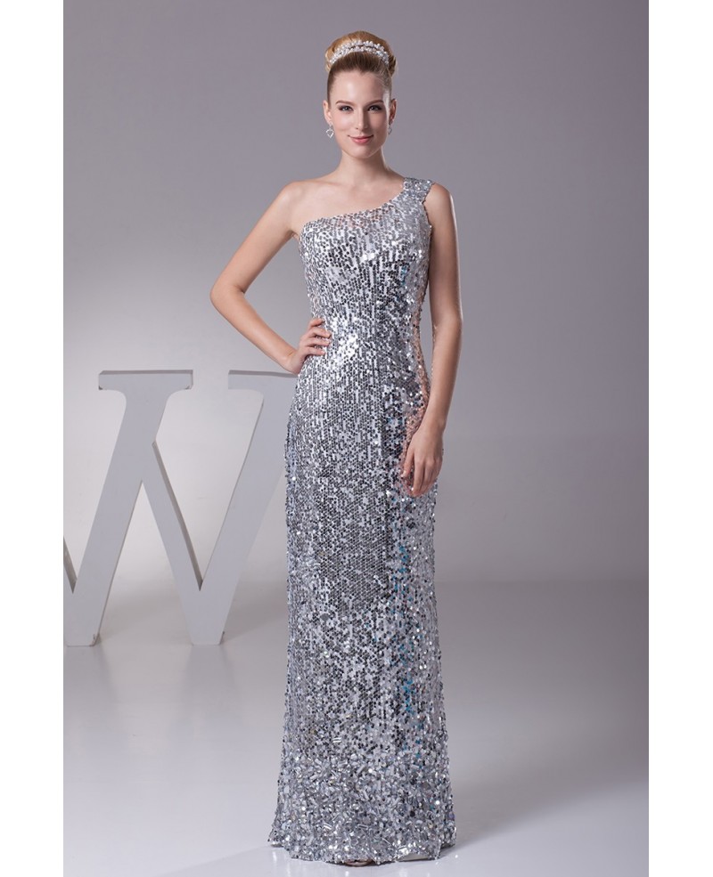 Unique Silver One Shoulder Sequined Formal Dress in Floor Length - Click Image to Close