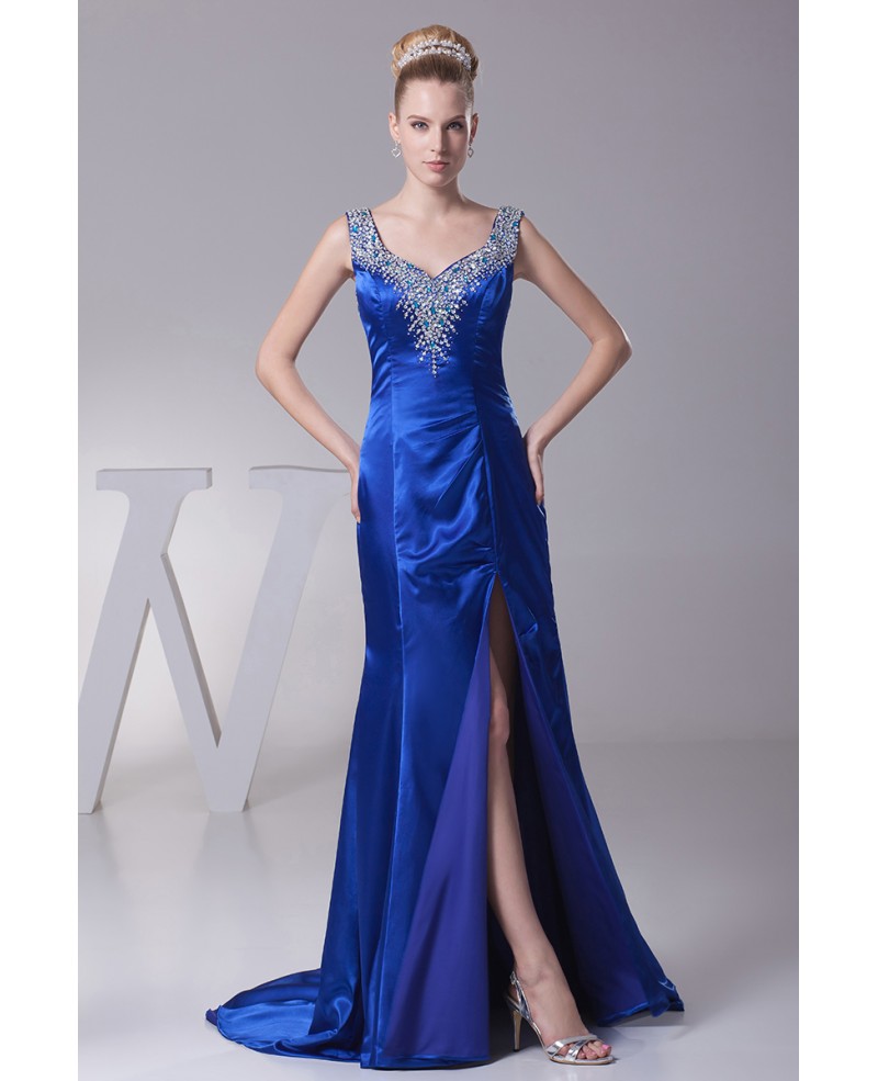 Sexy Sweetheart Neck Royal Blue Beading Prom Dress with Split Front