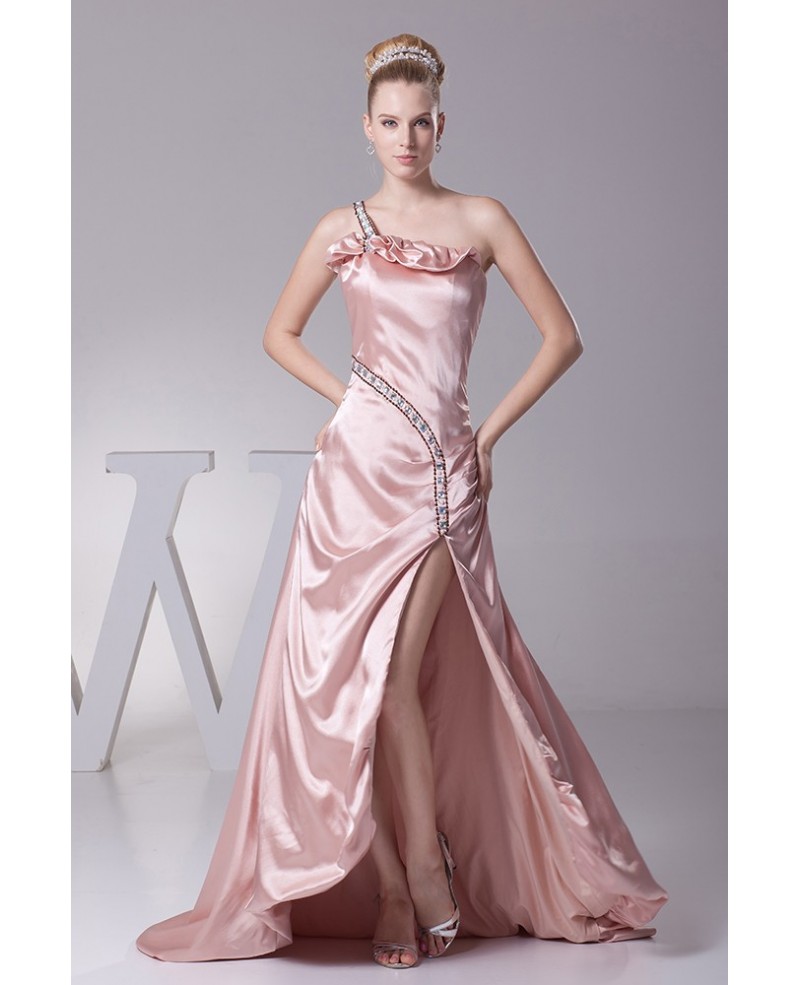 Lovely Pink Split Front Prom Dress with One Shoulder Beaded Strap - Click Image to Close