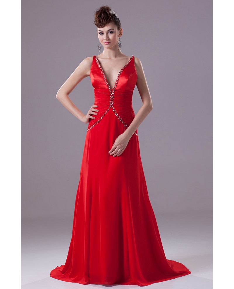 Deep V Beaded Red Ruffled Train Formal Dress with Unique Back