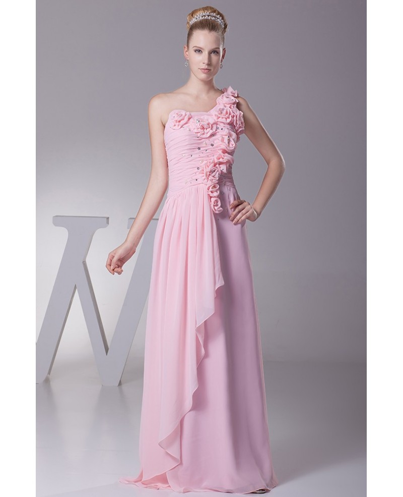 Gorgeous One Shoulder Long Pink Beaded Bridal Party Dress with Handmade Flowers - Click Image to Close