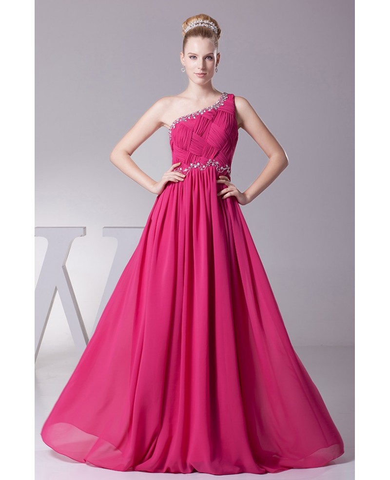 Crossing Pleated Tight Beaded Fuchsia Formal Dress in One Shoulder