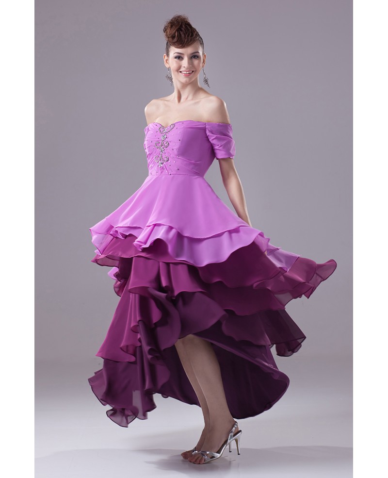 High Low Sweetheart Layered Beaded Sleeves Bridal Party Dress with Three Purple Colors - Click Image to Close