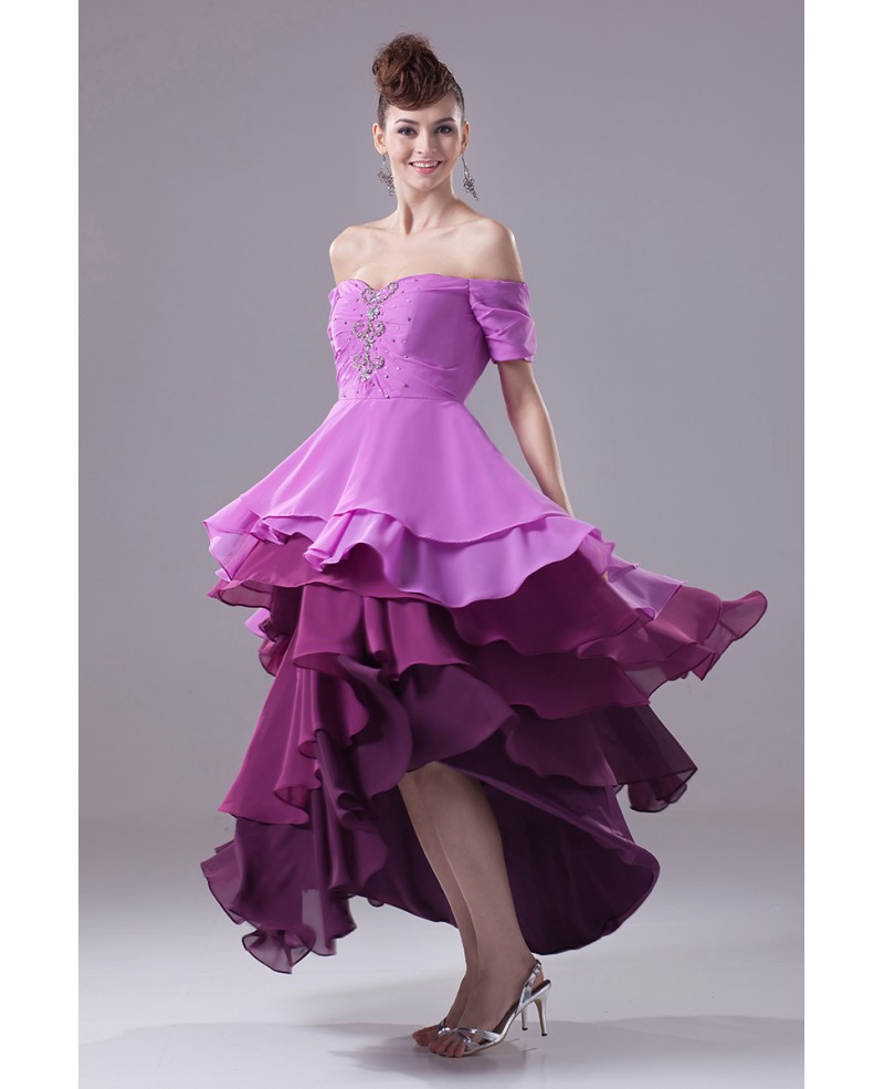 High Low Sweetheart Layered Beaded Sleeves Bridal Party Dress with Three Purple Colors