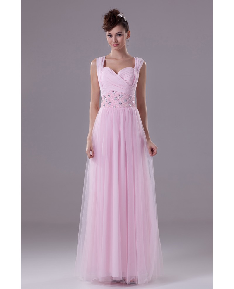 Lovely Pink Long Tulle Ruffled Prom Dress with Beading Waist