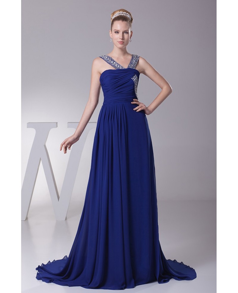 Gorgeous Dark Blue Long Chiffon Ruffled Prom Dress with Beading Straps - Click Image to Close