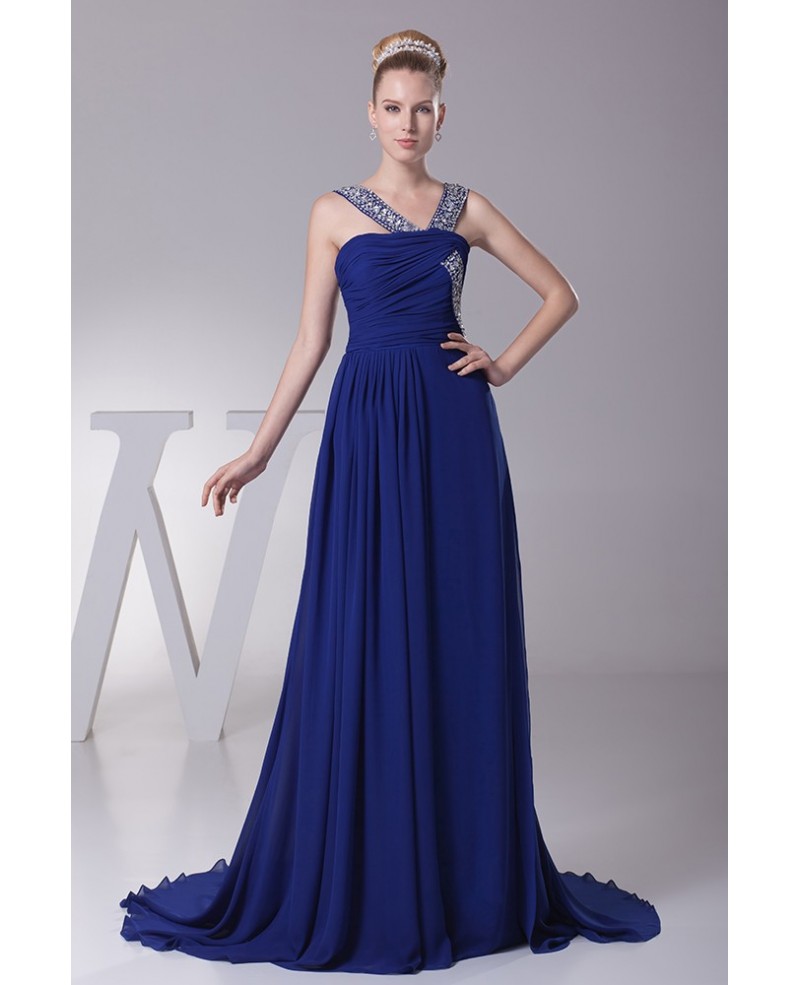 Gorgeous Dark Blue Long Chiffon Ruffled Prom Dress with Beading Straps