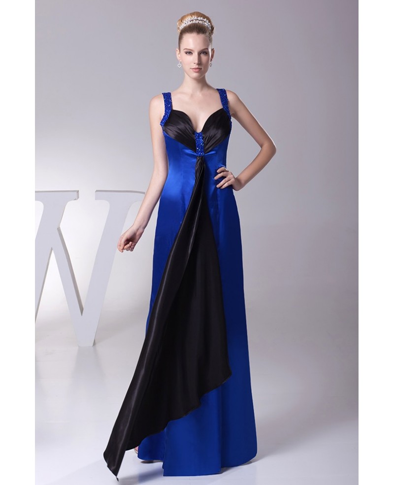 Unique Beaded Straps Long Satin Sweetheart Prom Dress in Royal Blue and Black Color