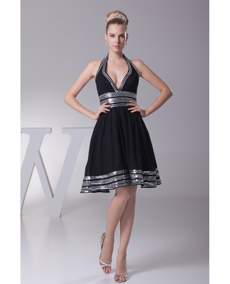 Halter Neck Sweetheart Short Black Formal Dress with White Sequins Hem