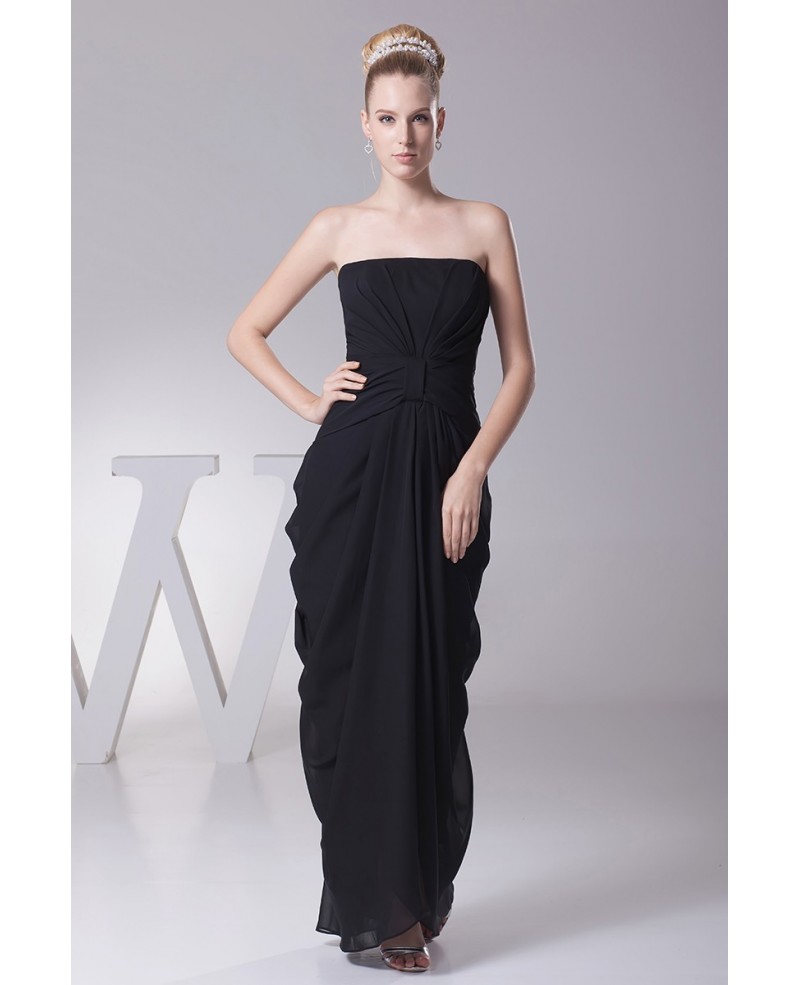 Simple Black Strapless Folded Chiffon Dress in Floor Length