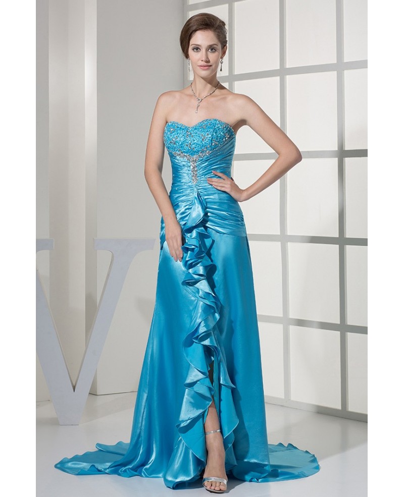 Ruffled Sweetheart Lace Beaded Long Blue Prom Dress with Split Scalloped Edges