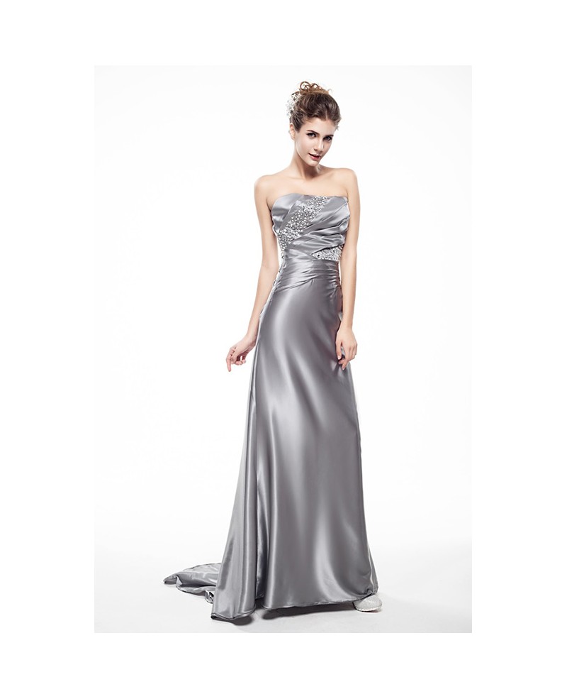 Silver Sweetheart Beaded Pleated Long Train Length Prom Dress