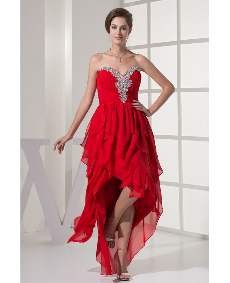 Layered High Low Red Chiffon Folded Prom Dress with Beaded Sweetheart Neckline