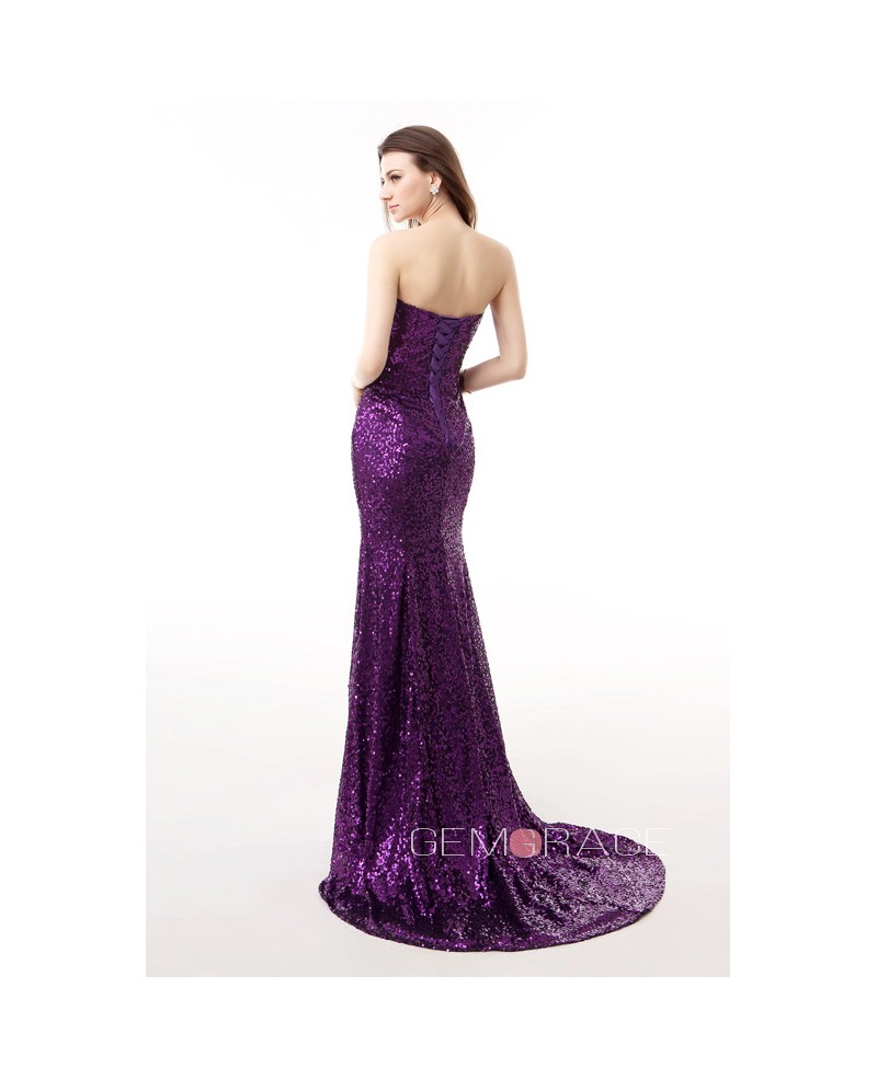 Grape Sweetheart Sparkly Long Train Split Front Prom Dress with Corset