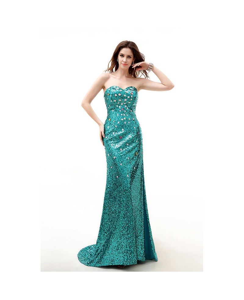 Jade Sweetheart Sparkly Long Train Split Front Prom Dress with Corset