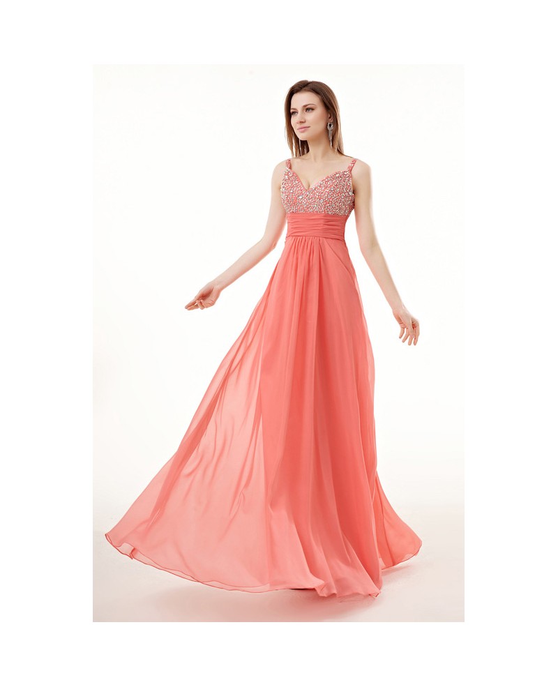 Beautiful Watermelon Beaded Strap Empired Chiffon Long Prom Dress