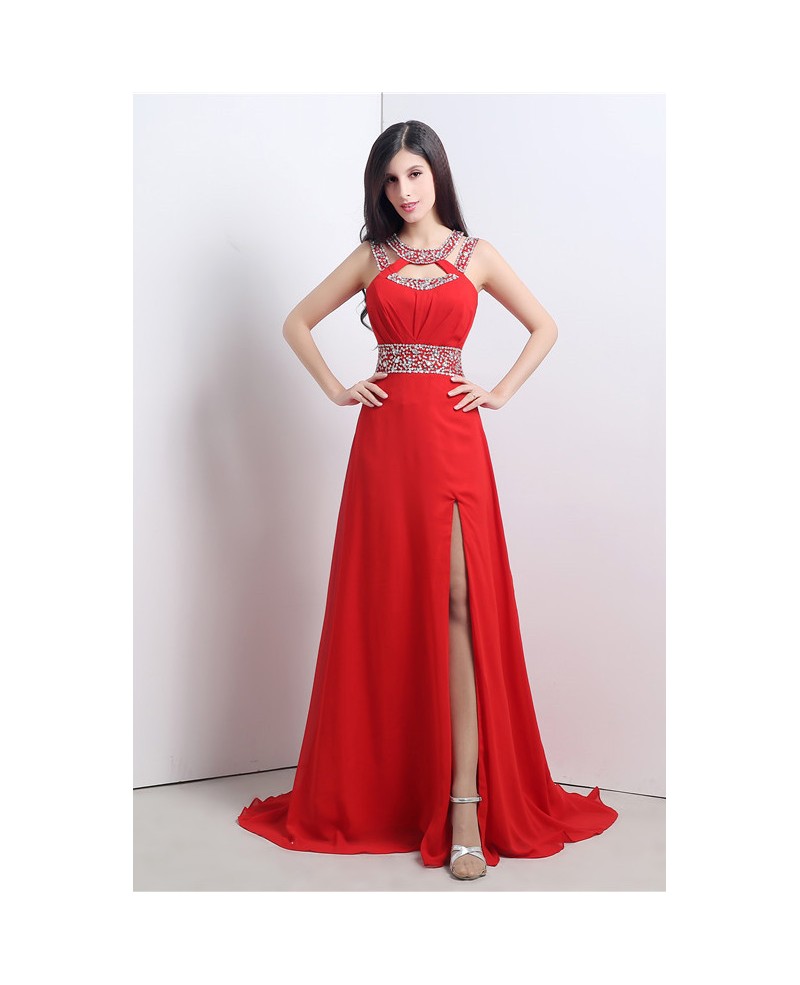 A-line Scoop Court-train Prom Dress with Beading