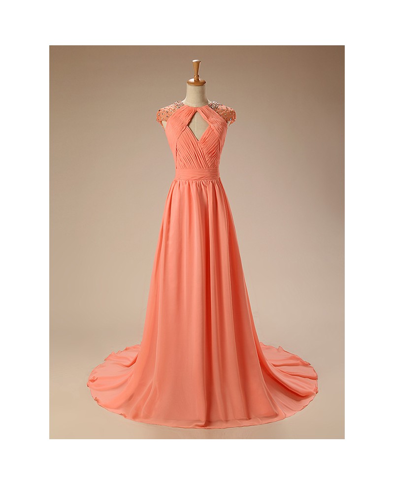 A-Line V-neck Court Train Chiffon Prom Dress With Beading