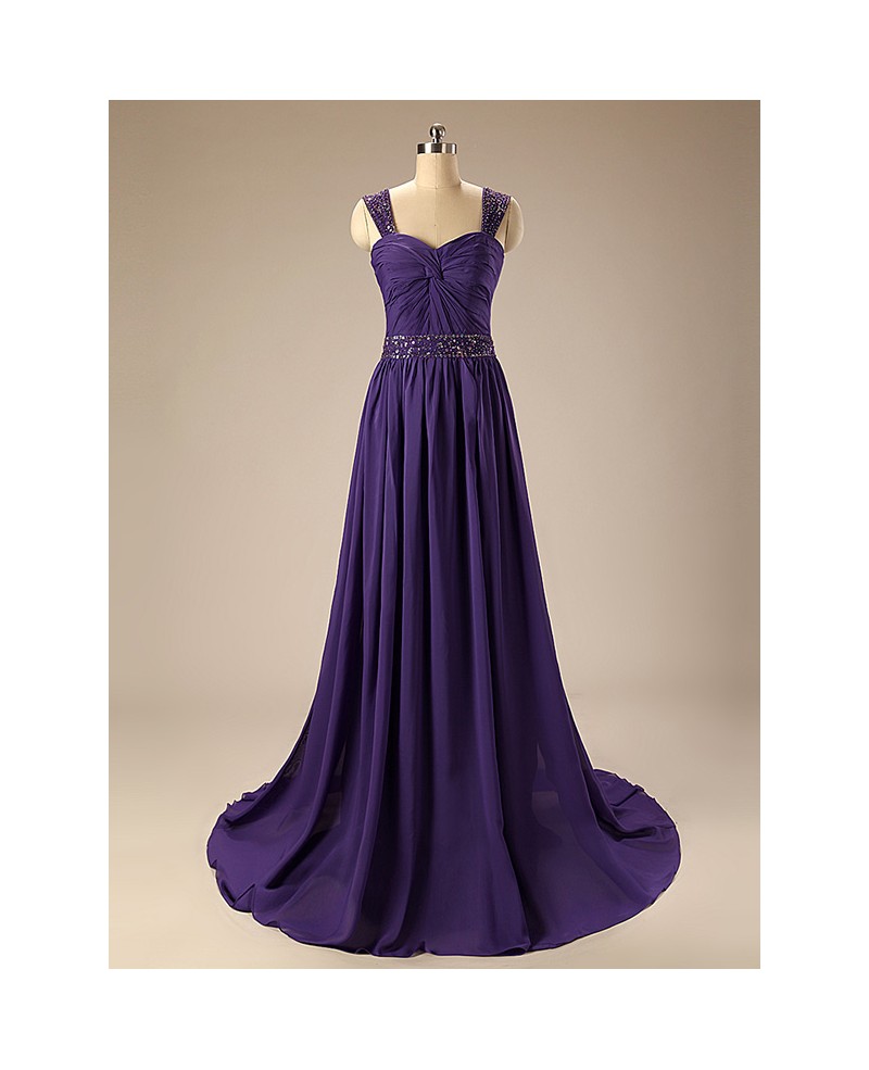 A-line Sweetheart Court Train Chiffon Prom Dress With Beading