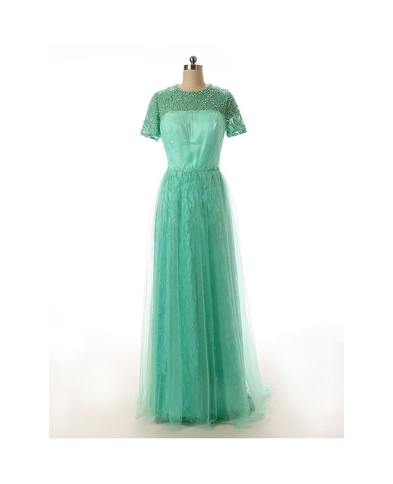 A-line Scoop Neck Floor-Length Tulle Lace Prom Dress With Sequins - Click Image to Close