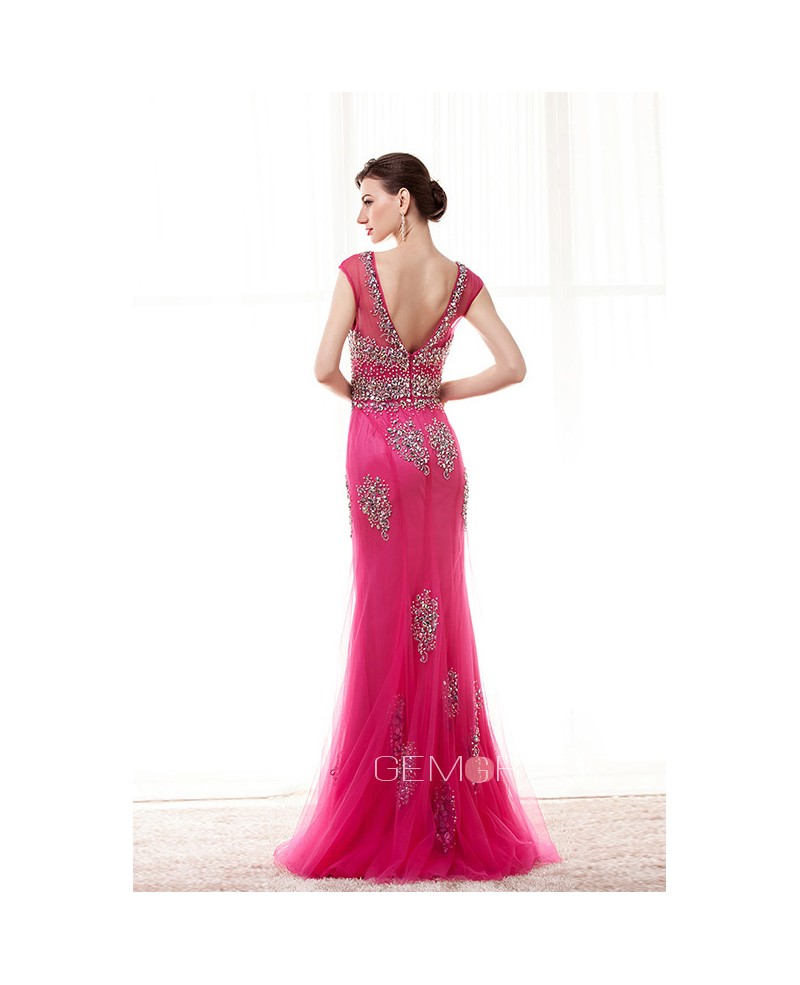 Sheath Scoop Neck Sweep Train Tulle Prom Dress With Beading Sequins