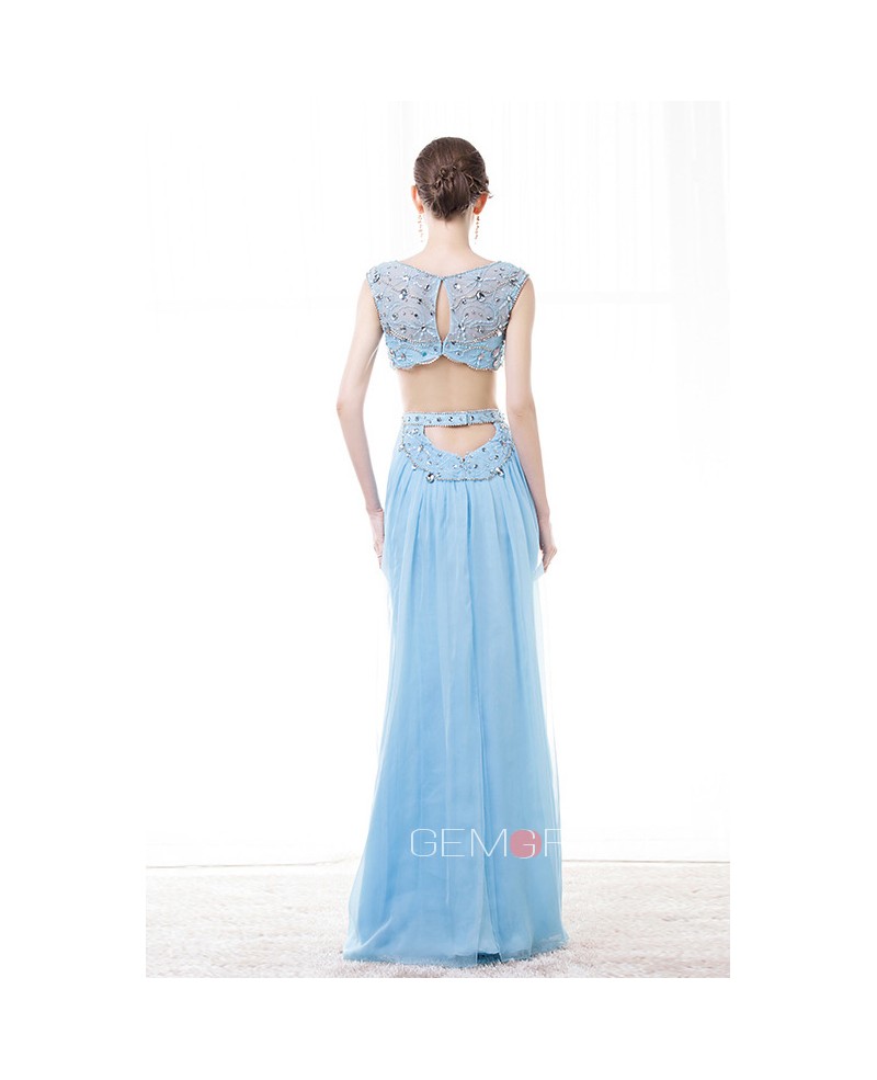 Two-Pieces Scoop Neck Floor-Length Tulle Prom Dress With Beading Sequins