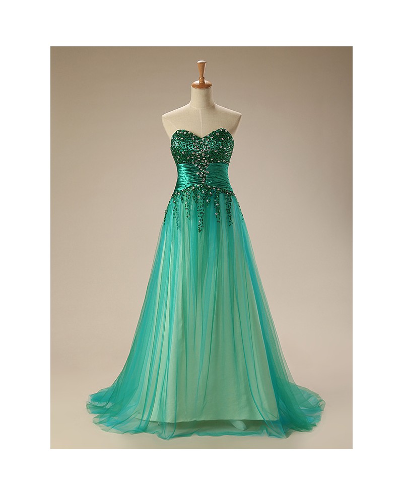 A-Line Sweetheart Sweep Train Tulle Prom Dress With Beading Sequins