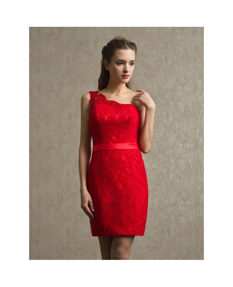 Little Red One Shoulder Sheath Lace Short Dress with Sash