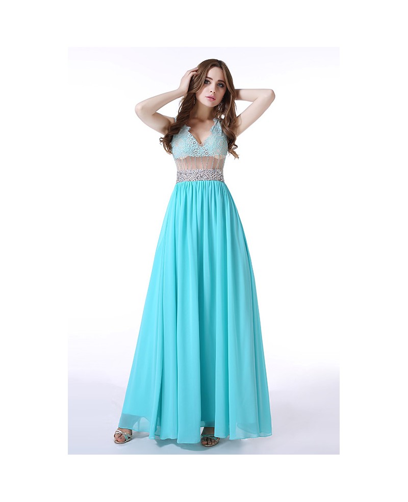 A-Line V-neck Floor-Length Chiffon Prom Dress With Sequins Appliques Lace