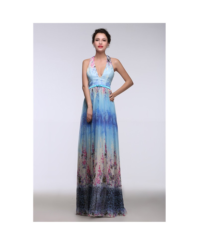 A-Line Halter Floor-Length Chiffon Floral Print Prom Dress - Click Image to Close