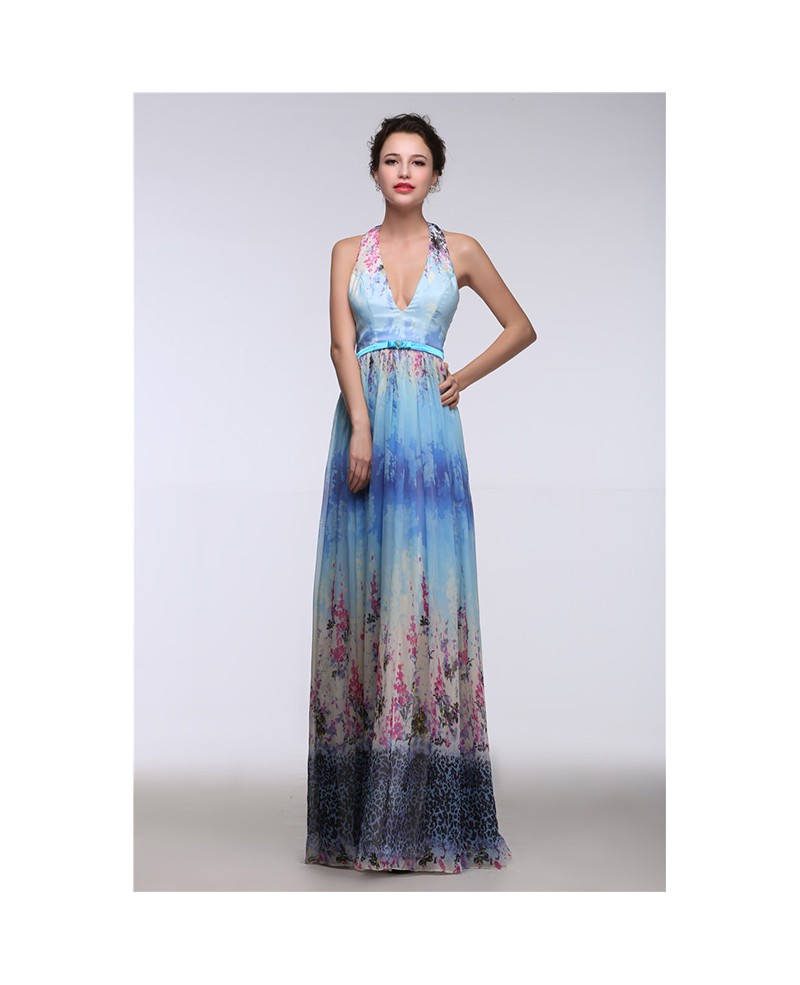 A-Line Halter Floor-Length Chiffon Floral Print Prom Dress