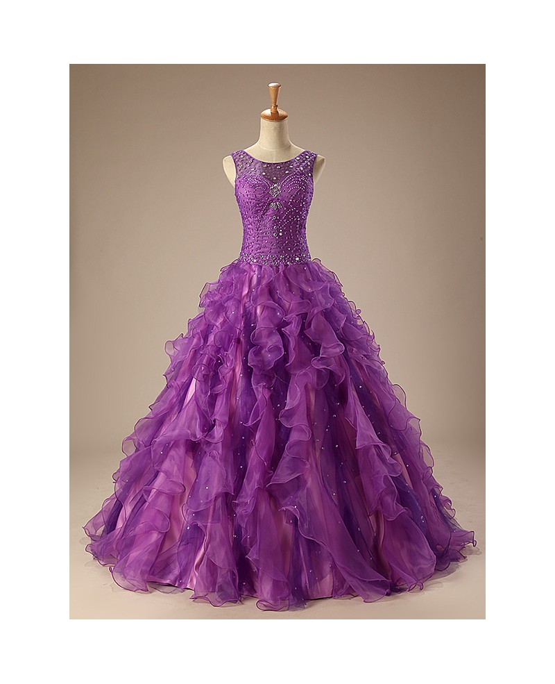 Ball-Gown Scoop Neck Sweep Train Tulle Prom Dress With Cascading Ruffles Beading