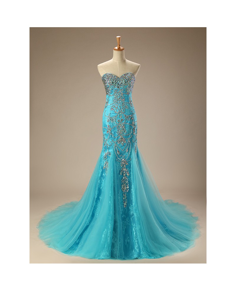 Mermaid Sweetheart Chapel Train Tulle Prom Dress With Beading Sequins - Click Image to Close