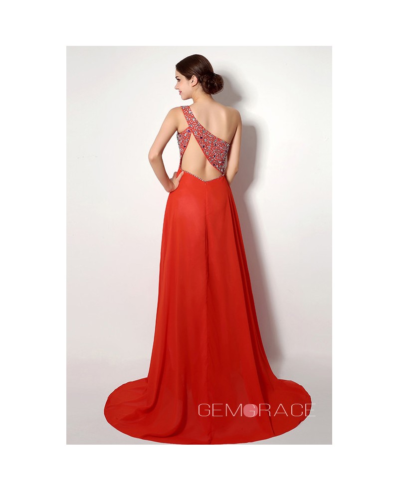 A-line One-shoulder Court-train Prom Dress