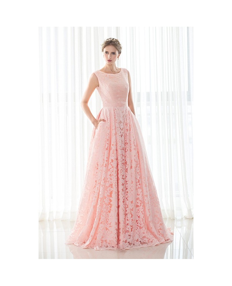 A-line Pink Scoop Neck Lace Long Formal Dress