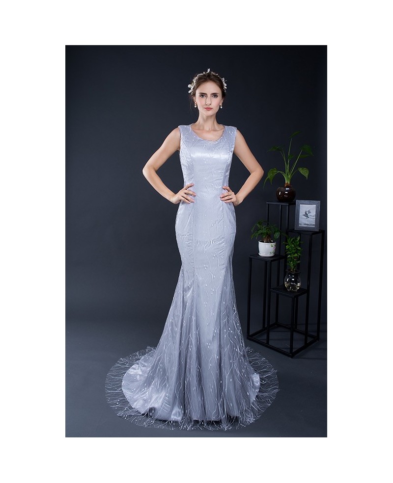 Elegant Mermaid Beaded Long Grey Evening Dress
