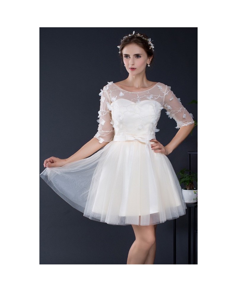 Champagne Short Tulle Formal Dress with Half Sleeves - Click Image to Close