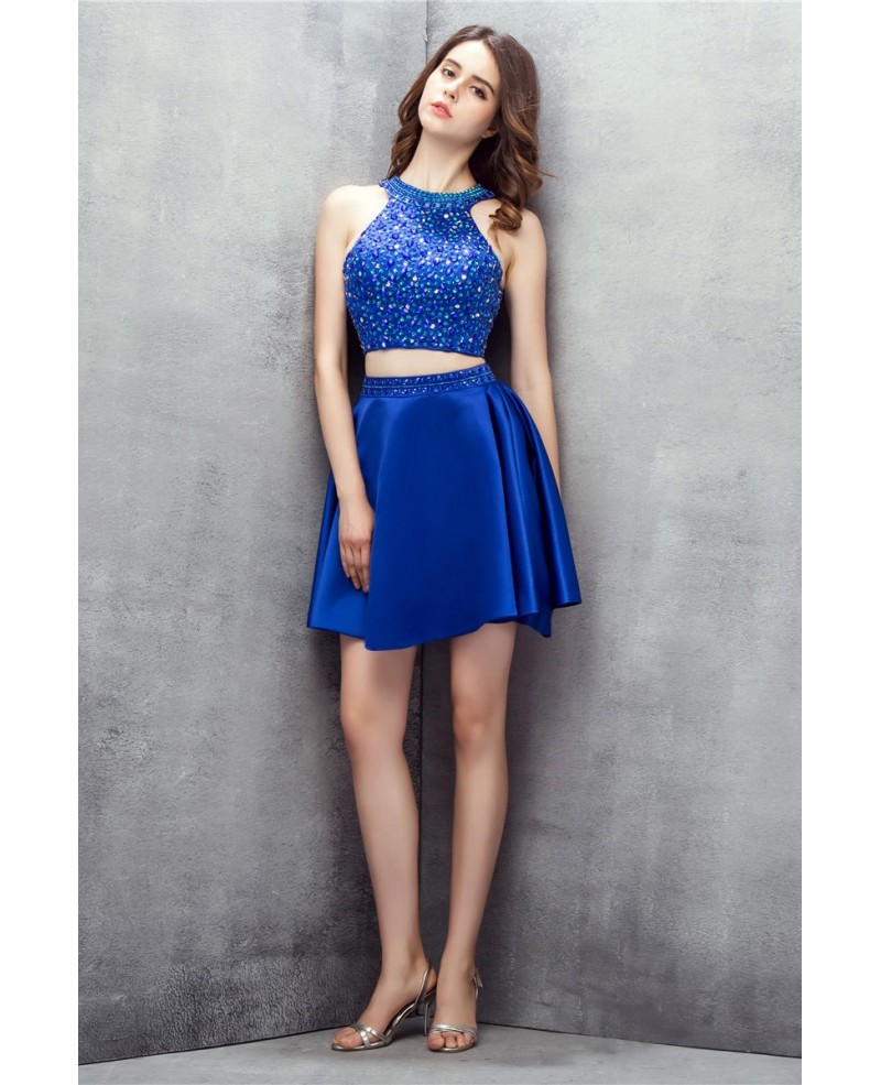 Bling Sequins Royal Blue Two Pieces Satin Short Prom Dress