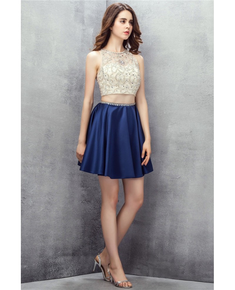 Beaded High Neck Co-ord Mini Prom Dress - Click Image to Close