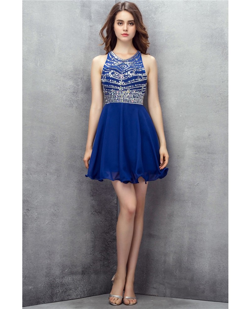 Sparkly Beaded Short Chiffon Blue Prom Dress - Click Image to Close