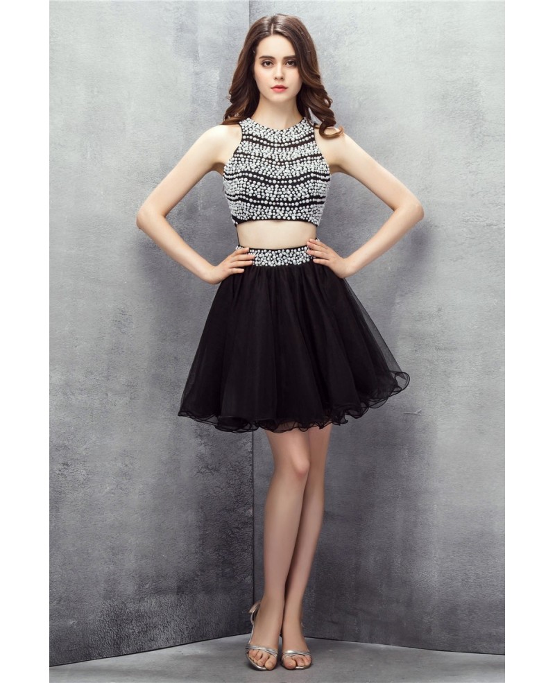 Chic Black and White Co-ord Beaded Pearls Short Tulle Prom Dress